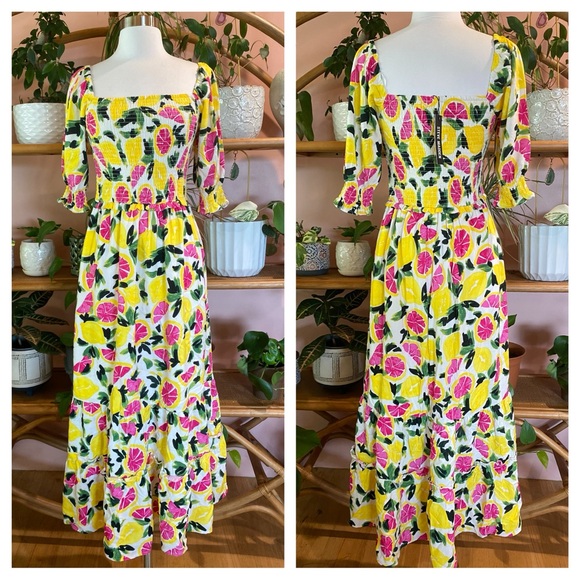 NWT Steve Madden Challis Grapefruit LEMON Citrus Fruit Smocked Maxi Midi Dress S - Picture 3 of 9